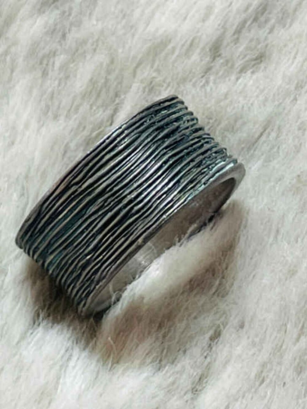 Sterling Silver Wide Rustic Tree Bark Oxidized Finished Ring Size 5.25 to 5.5